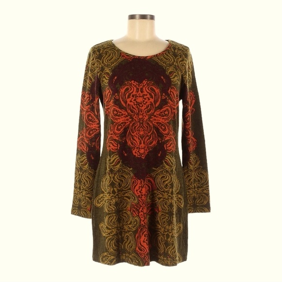 Aryeh Dresses & Skirts - Aryeh Green Multicolor Baroque Print Bell Sleeve Tunic Dress Size L